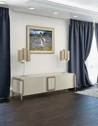 Stylish wave curtains with soft, uniform folds installed on large windows, adding a sleek and contemporary look to the room.