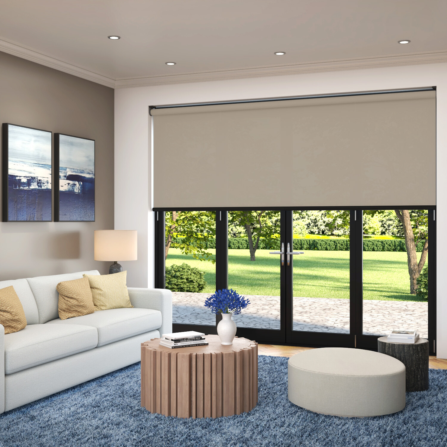 Zenith TR Oyster extra wide electric roller blinds installed in a modern living room with large windows.